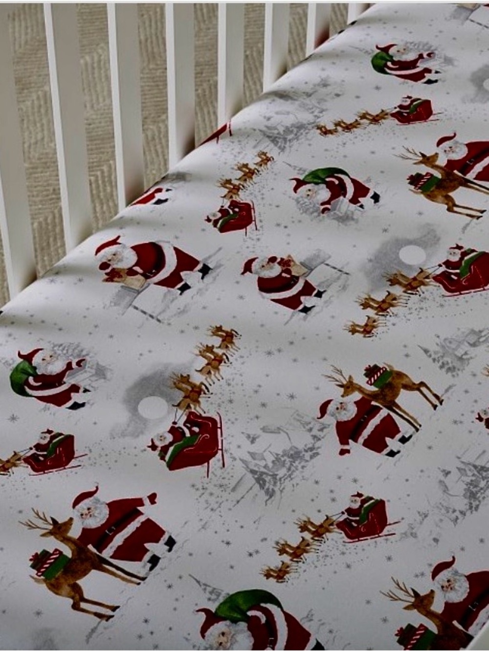 Pottery Barn Kids Santa & Reindeer Crib Sheet - White, Red, Green, Gold